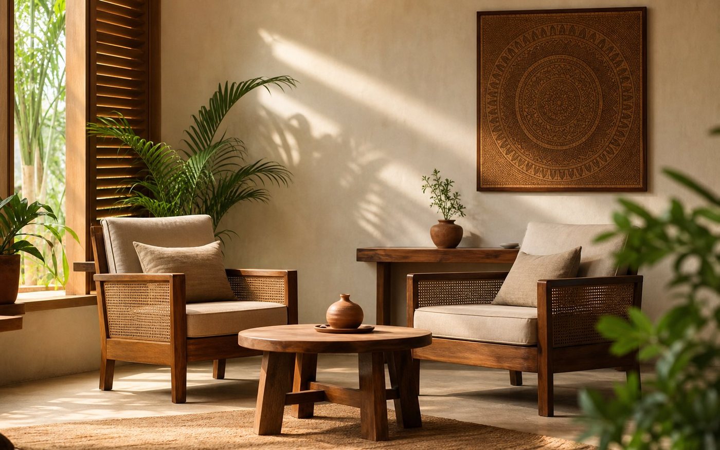Serene contemporary Indian counselling room with natural timber armchairs and soft morning daylight.