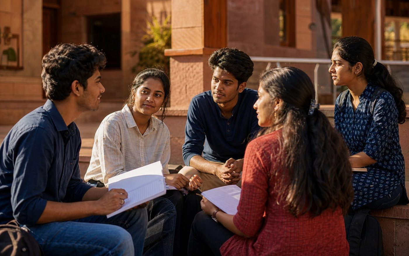 Indian college and senior-school students conversing thoughtfully with notebooks in a warm sandstone campus courtyard.