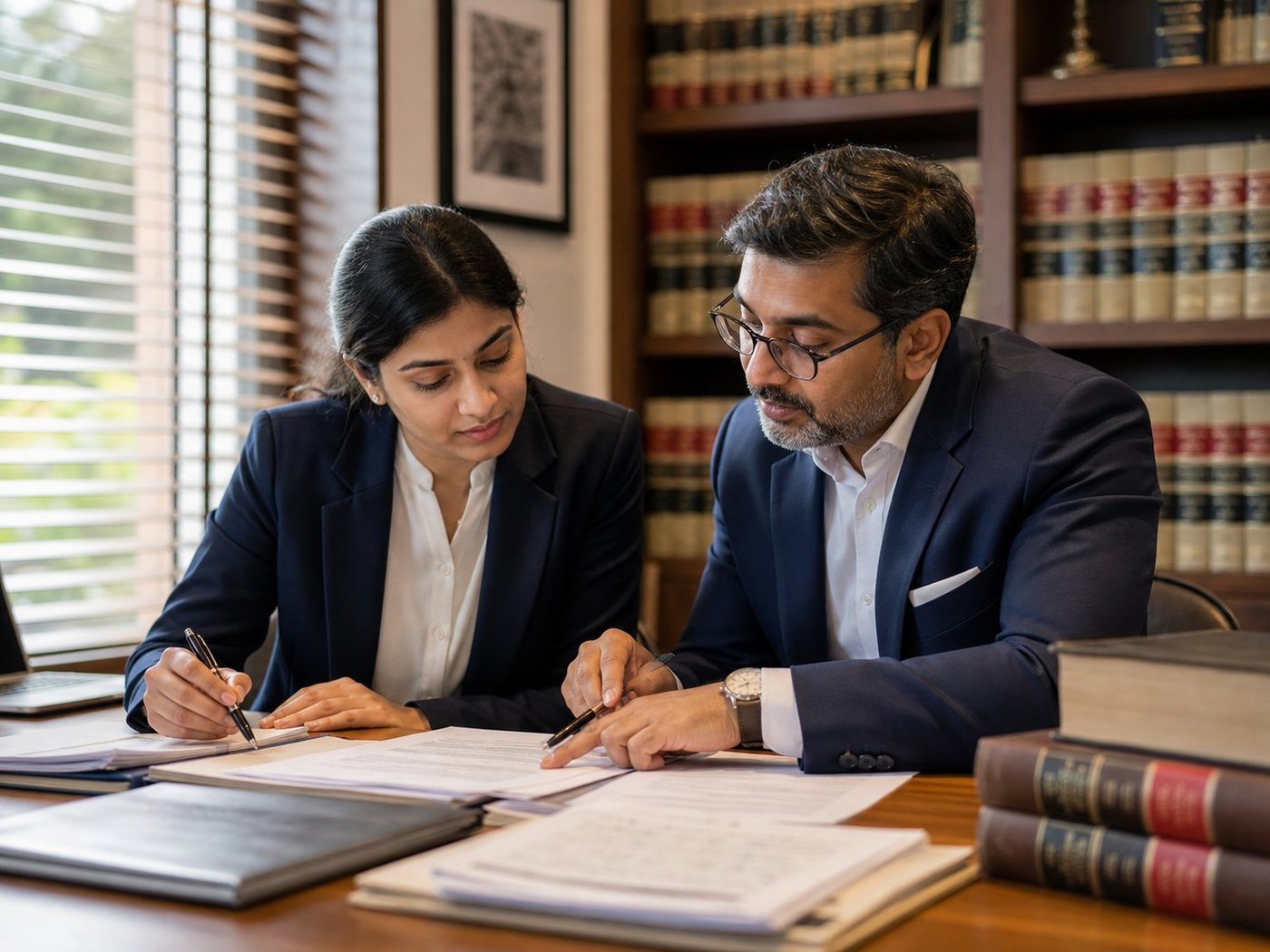 An Indian legal mentor reviewing structured legal documents with a young trainee.