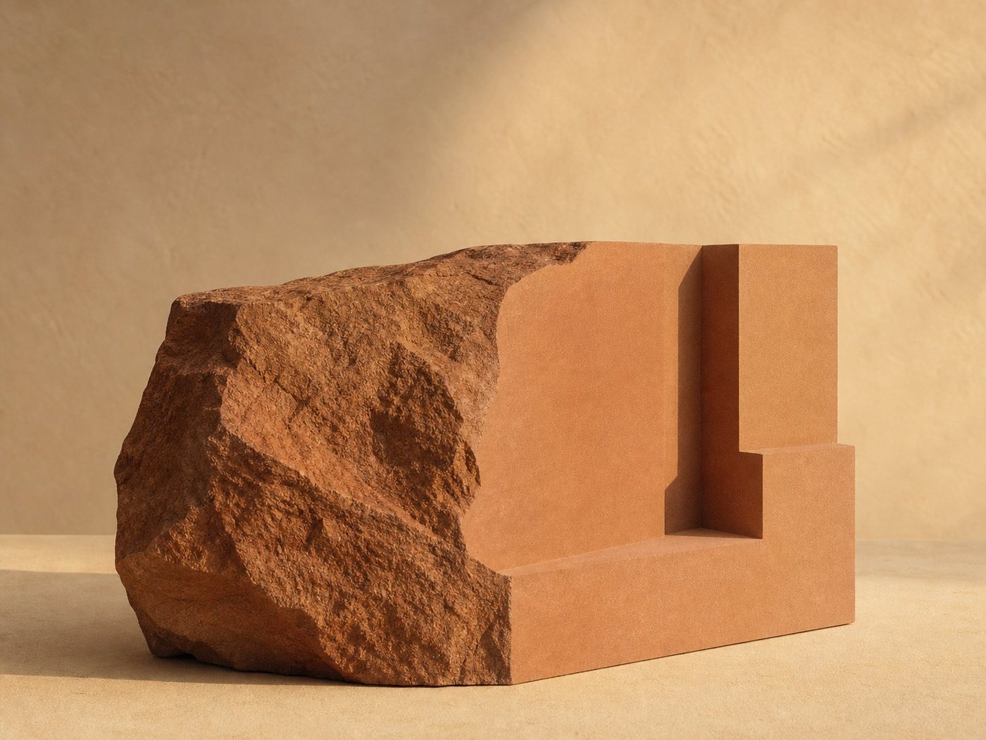 Sculptural block of warm Indian sandstone transitioning from natural rough stone into clean architectural planes.