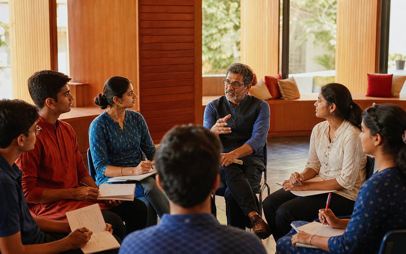 An Indian educator facilitating an interactive leadership and life-skills workshop with senior students.