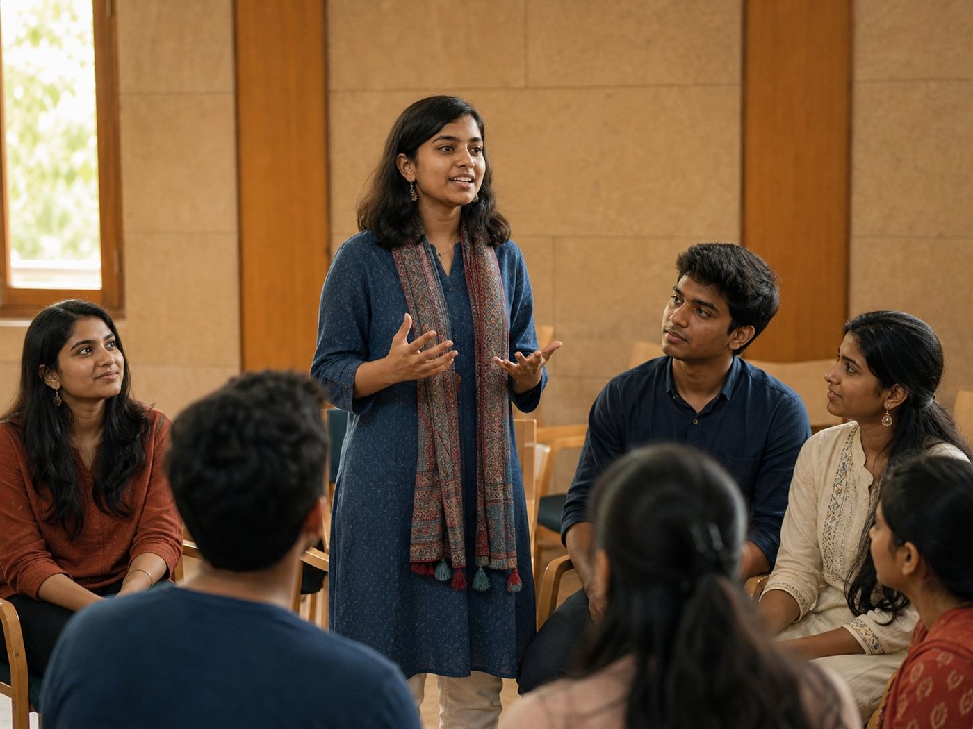 A confident young Indian woman speaking articulately during an interactive youth leadership seminar with engaged peers.
