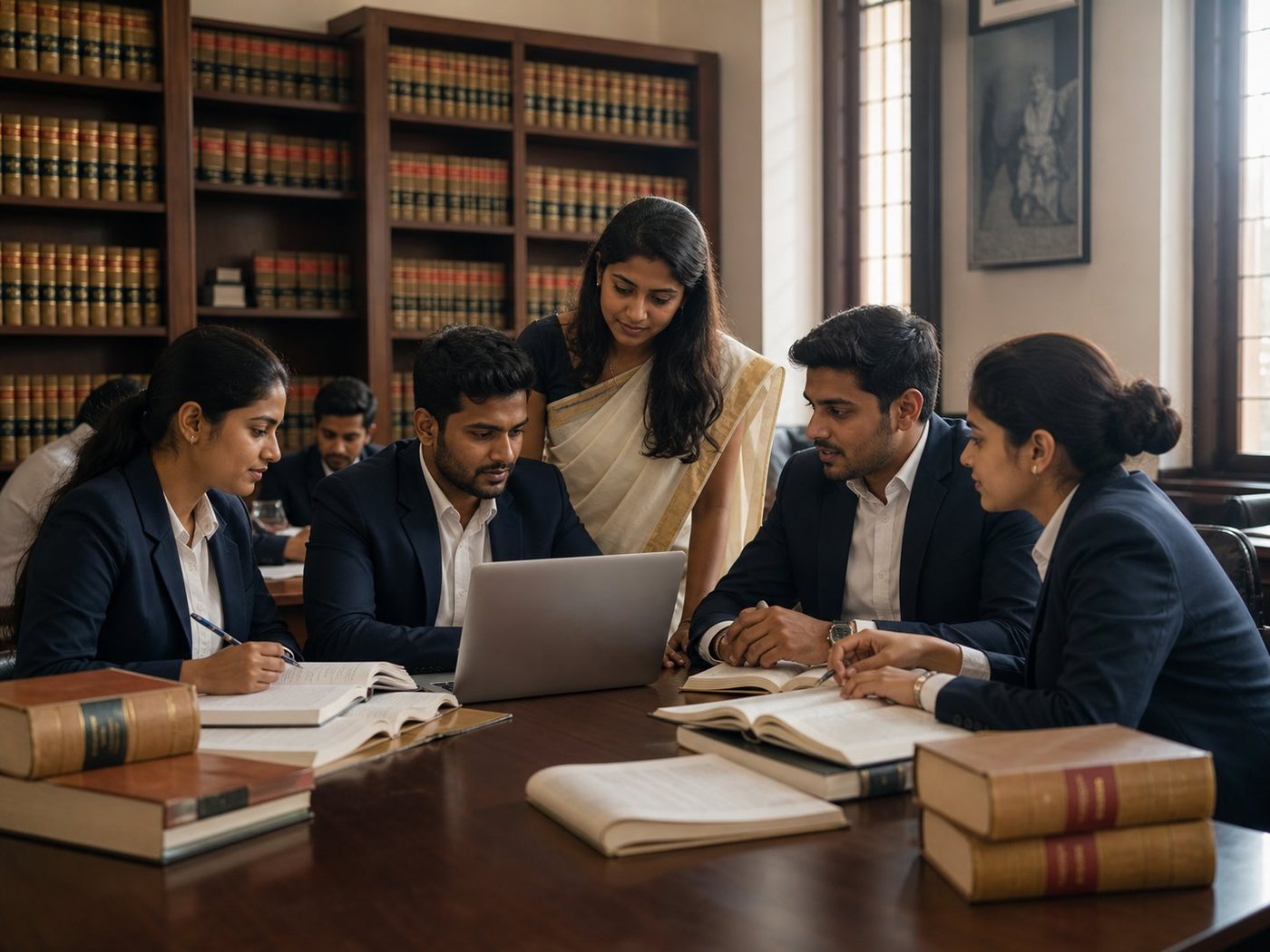 Young Indian law students and aspiring legal professionals collaborating around bound law volumes in a contemporary law library.